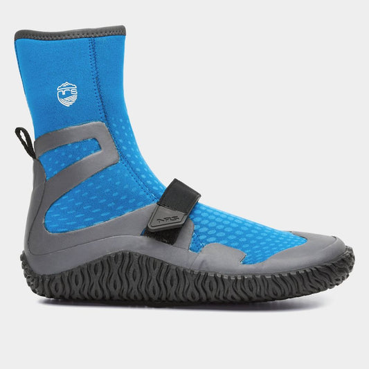 The NRS Paddle Wetshoe for women boasts a blue and gray neoprene design with a textured black rubber sole. It features a Velcro strap and logo emblem, making it ideal for water adventures.