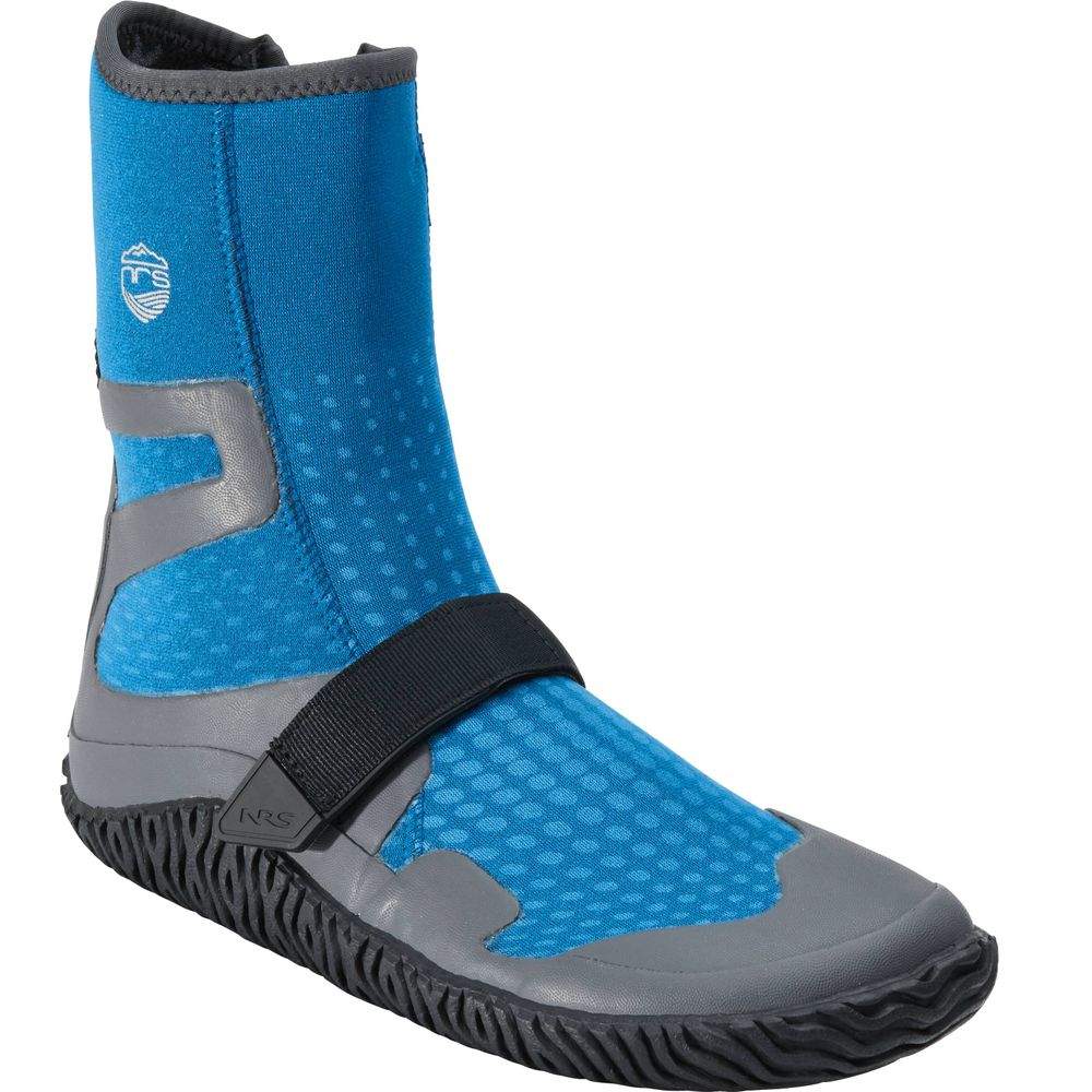 The NRS Paddle Wetshoe - Women's features a blue and gray neoprene design, with a textured black rubber sole and a sleek black strap across the top.