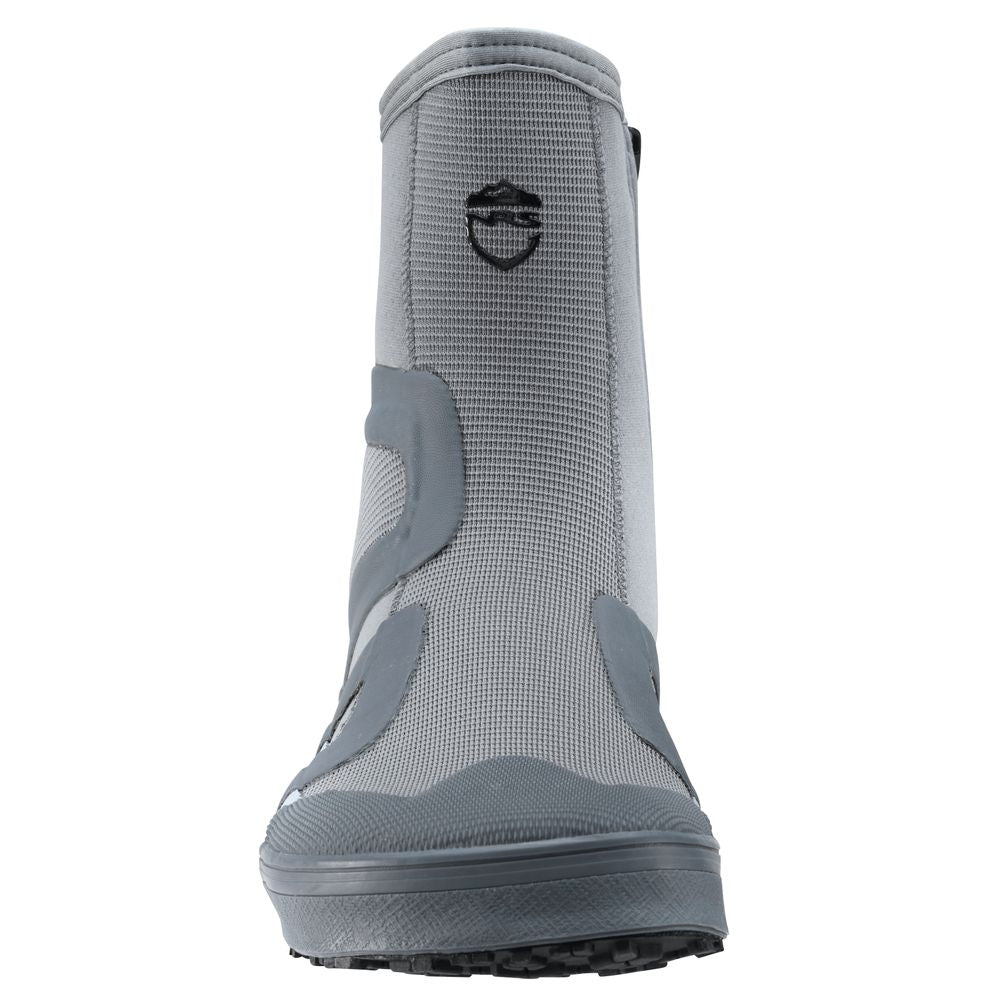 The NRS Backwater Wetshoe is a gray waterproof boot for kayakers and anglers, featuring a textured sole, reinforced toe area, and a black logo on the front.