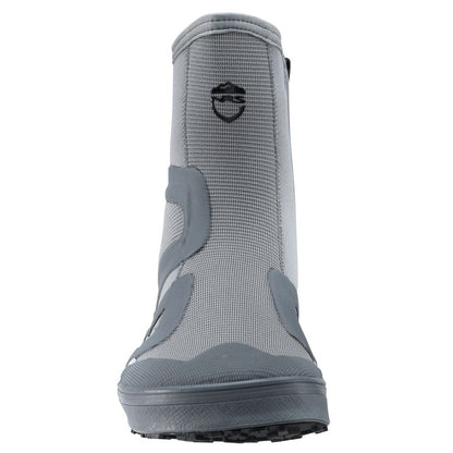 The NRS Backwater Wetshoe is a gray waterproof boot for kayakers and anglers, featuring a textured sole, reinforced toe area, and a black logo on the front.