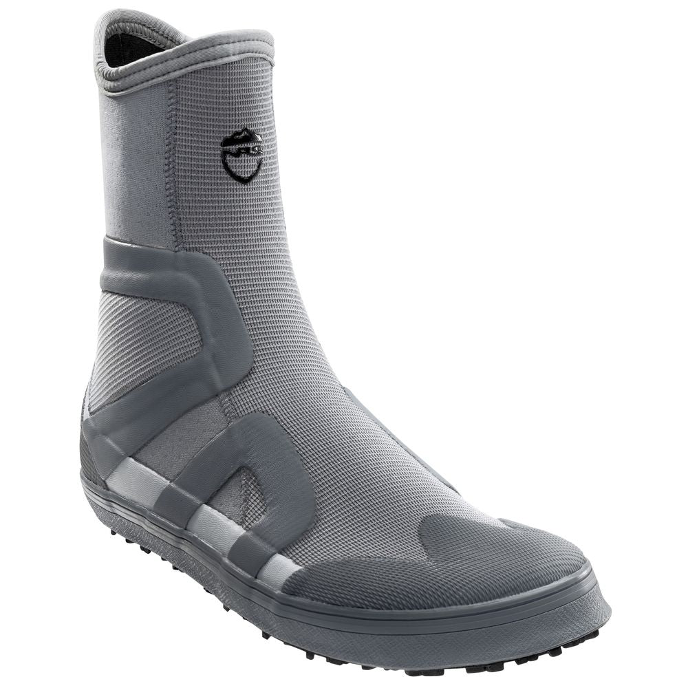 The NRS Backwater Wetshoe is a gray high-top neoprene water shoe with a textured sole and black emblem, ideal for kayakers and anglers seeking reliable footwear.