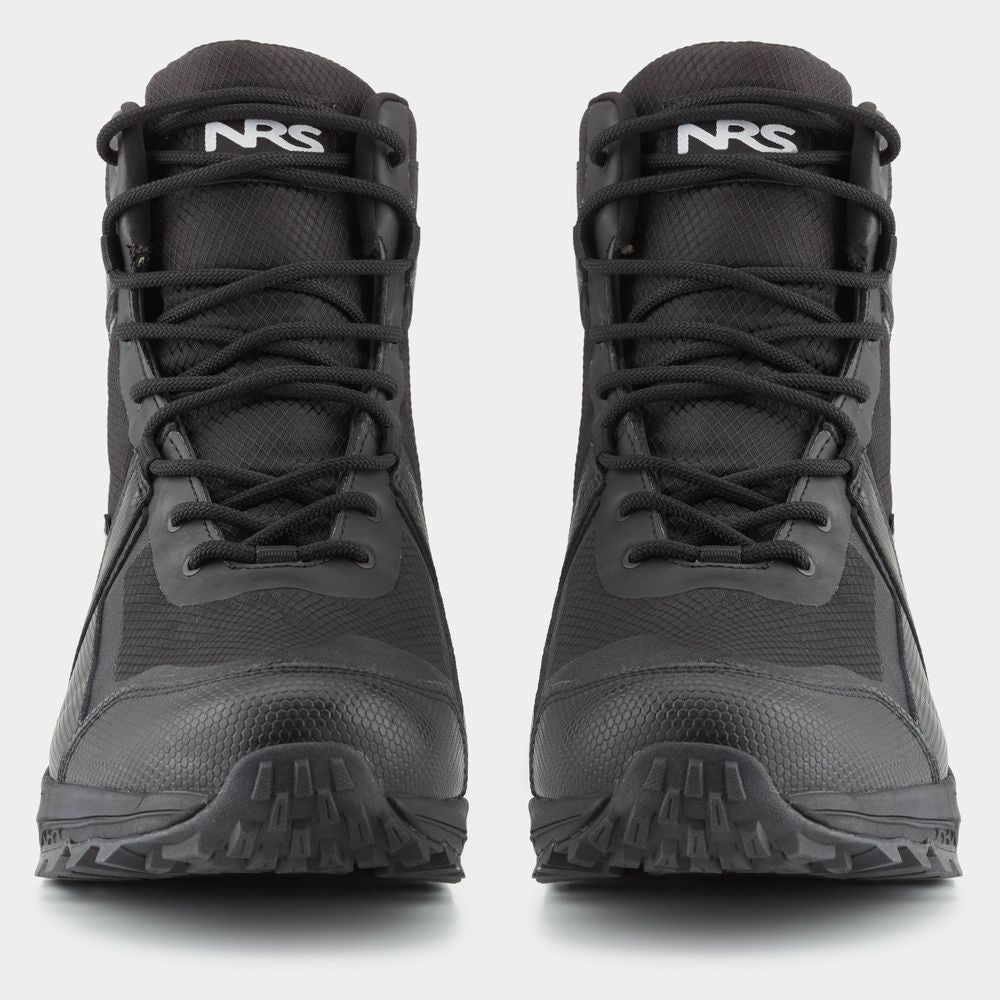 A front view of the NRS Storm Boot in black, featuring laces and a rugged wetshoe design with a HyperGrip sole, against a plain background.