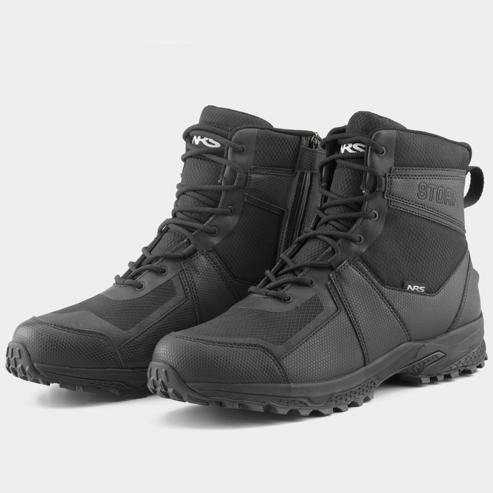 The NRS Storm Boot features black tactical design with laces and side zippers, equipped with HyperGrip soles for quick-drying performance and ultimate traction.