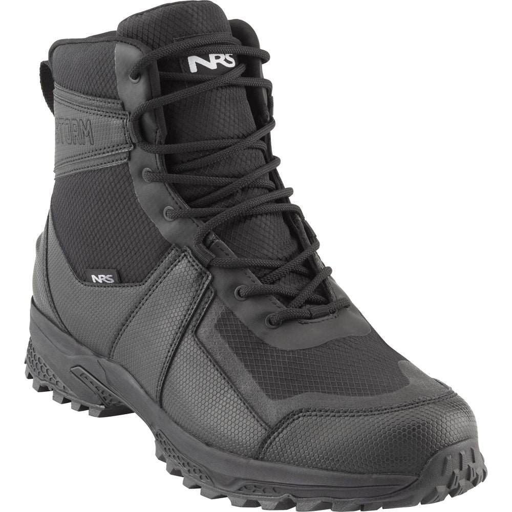 The Storm Boot by NRS is a black lace-up rugged wetshoe featuring the "NRS" logo on the tongue and side, with a HyperGrip sole for superior traction and quick-drying performance designed for any adventure.