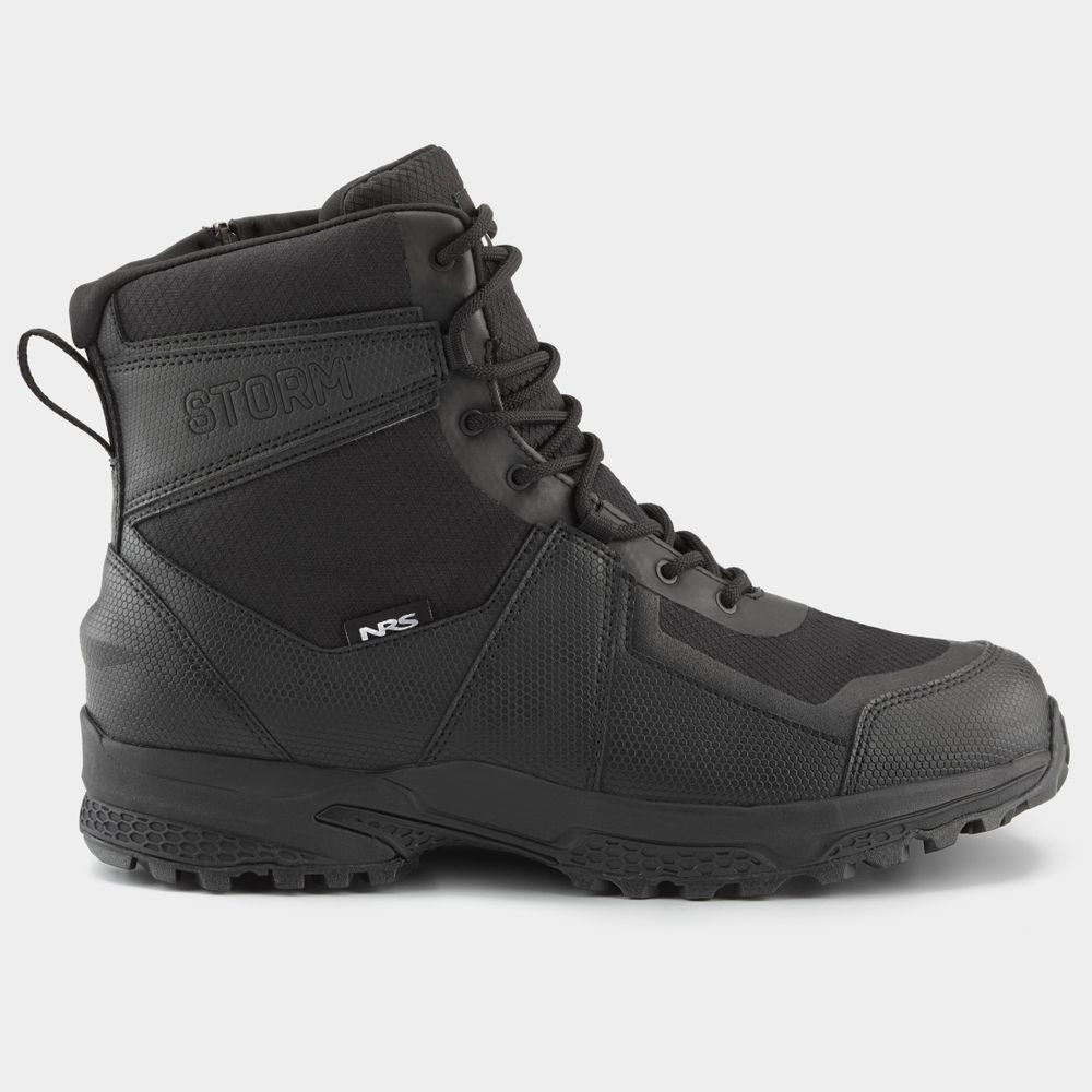 The NRS Storm Boot is a black tactical boot with "STORM" and "NRS" logos, offering a high ankle design, lace-up front, and rugged HyperGrip sole for quick-drying performance.
