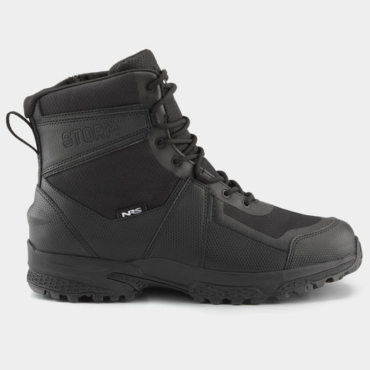 The NRS Storm Boot is a black tactical boot with "STORM" and "NRS" logos, offering a high ankle design, lace-up front, and rugged HyperGrip sole for quick-drying performance.