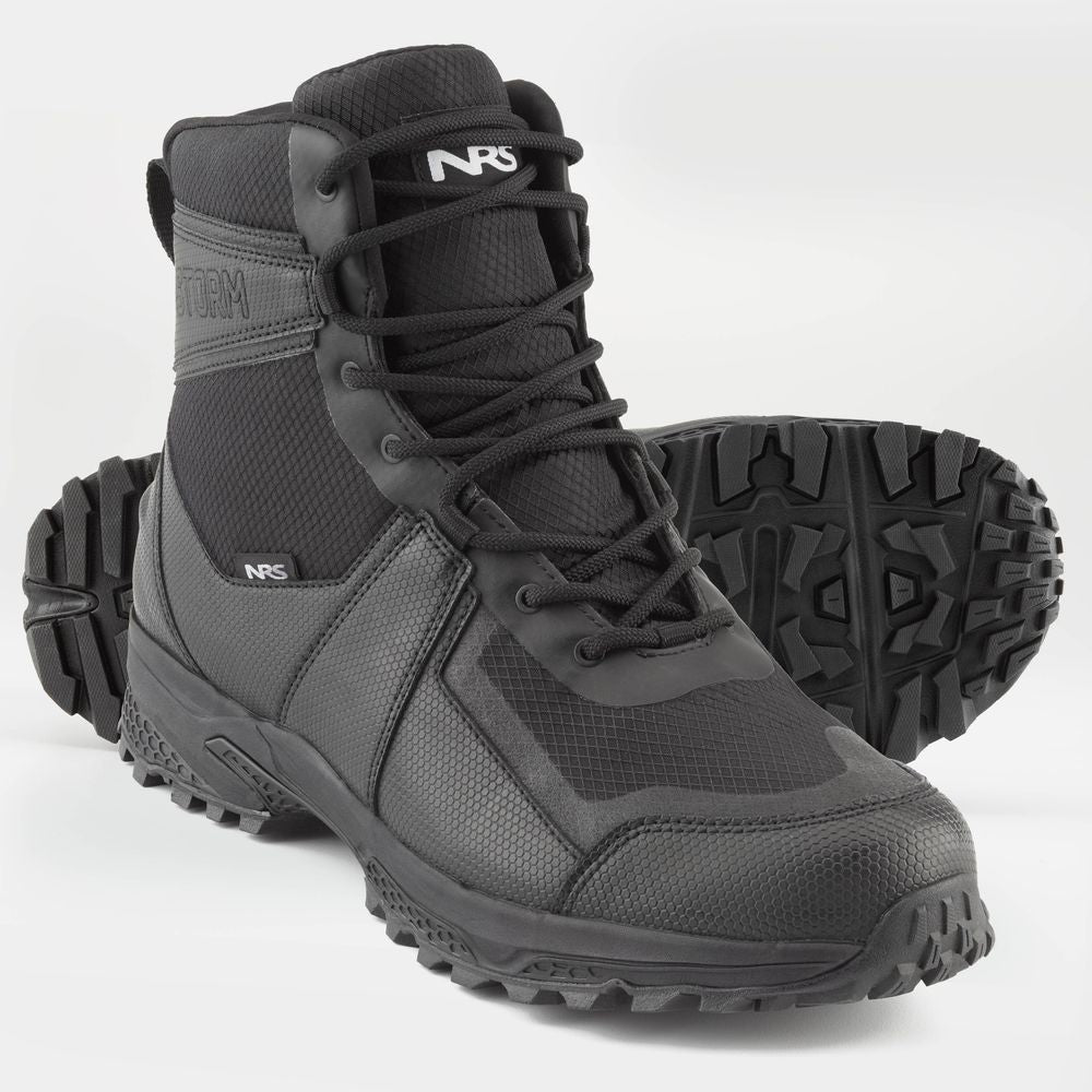 The NRS Storm Boot is a pair of black tactical boots featuring laces, HyperGrip soles, quick-drying performance, and a logo on the side, shown against a white background.