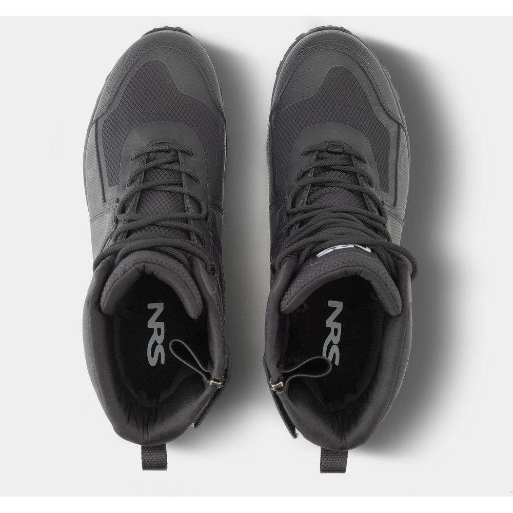 A pair of rugged Storm Boot wetshoe black high-tops, viewed from above on a white background, feature quick-drying, laces, and the brand "NRS" visible on each tongue.
