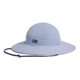 The Outdoor Research Oasis Sun Sombrero is a light gray wide-brim hat with a chin strap and UPF 50+ protection, featuring "OR" on the front. Displayed on a plain white background.