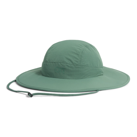 The Outdoor Research Oasis Sun Sombrero is a green, wide-brim hat with a chin strap, providing stylish UPF 50+ sun protection. Shown on a plain white background.