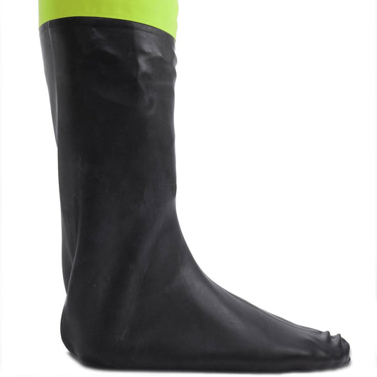 The NRS Latex Sock, in black with a neon yellow section at the top, is engineered from durable materials to cover and protect the foot and lower leg, resembling a dry sock from the side view.