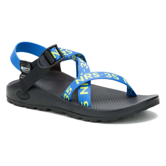 Introducing the Chaco Z1 Classic - Women's: a limited edition black hiking sandal with a textured sole, blue and yellow adjustable straps with "NRS 35" text, and buckle closure—ideal for fans of Chaco Women’s Sandal styles.