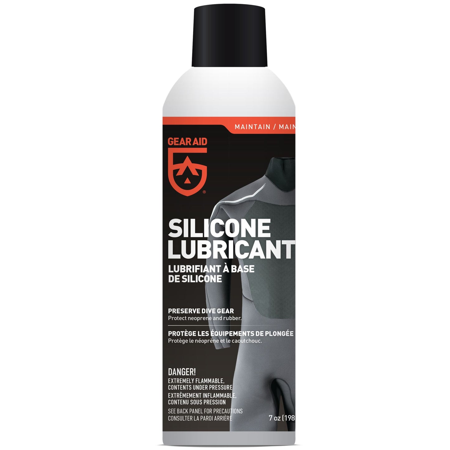 Can of Gear Aid Silicone Lubricant spray with warnings and usage instructions.