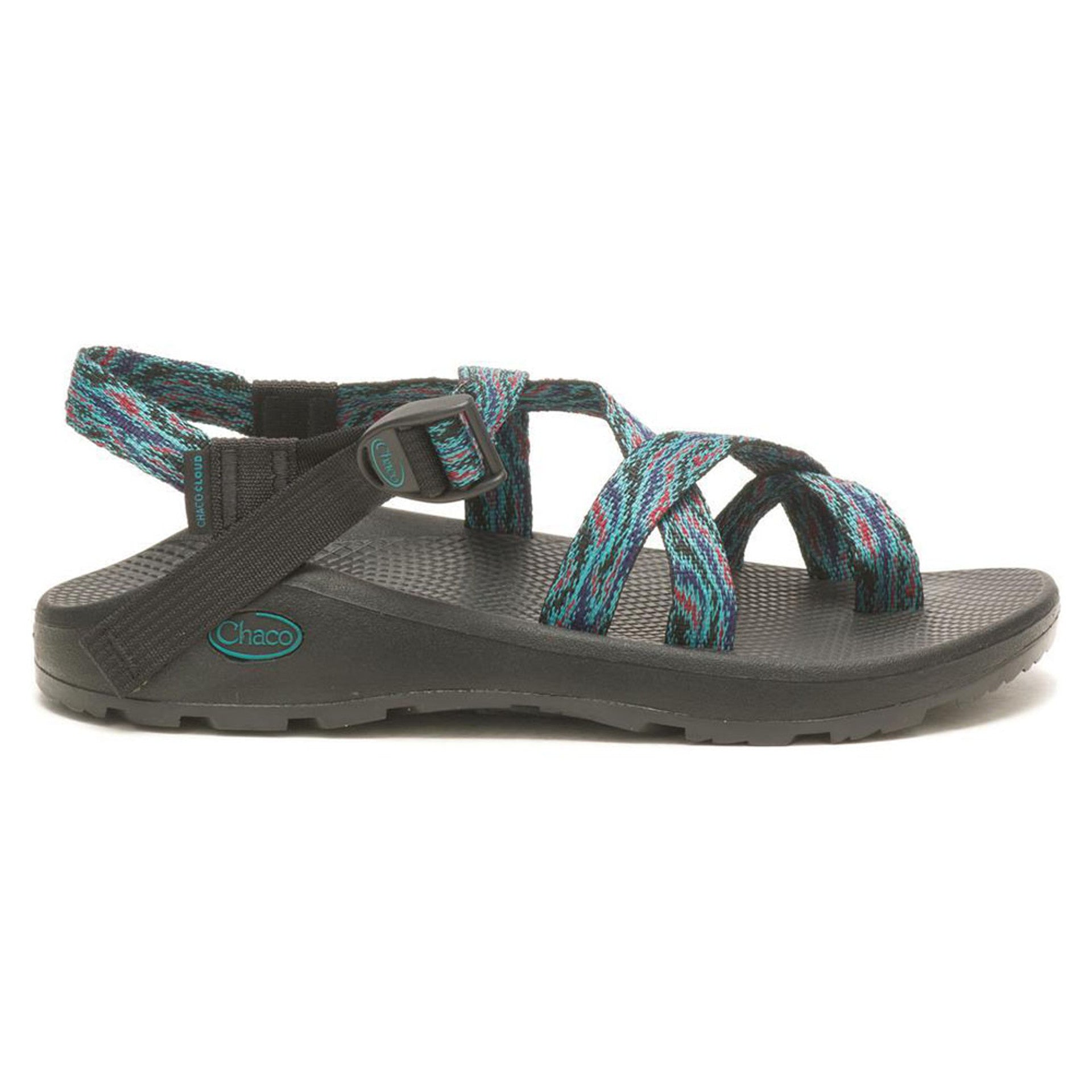 A single black Chaco ZCloud 2 - Men's outdoor sandal with arch support, textured sole, and adjustable blue and purple straps is shown from the side.