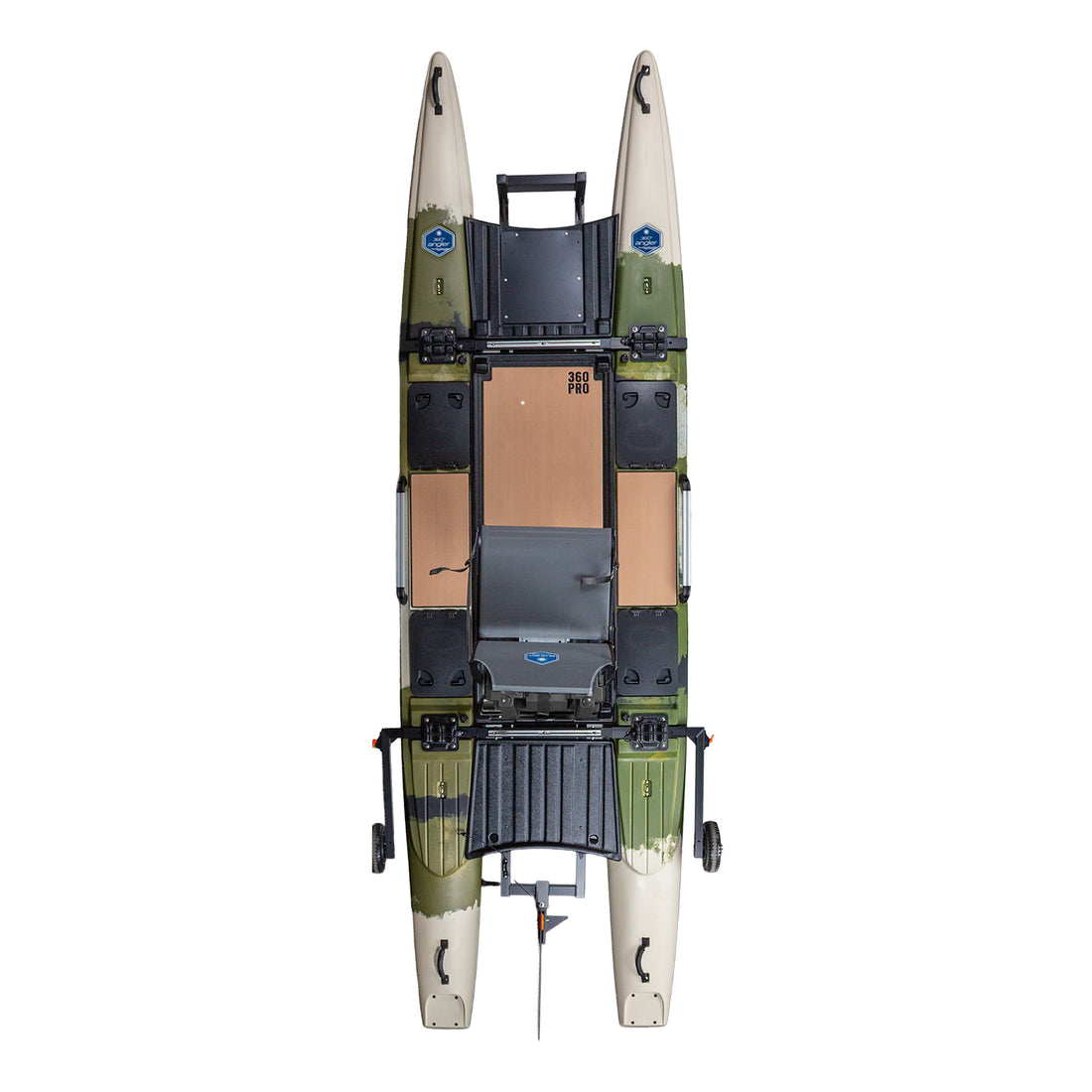 Top-down view of the 360 Pro by Jackson Kayak, a green and tan professional fishing vessel with two hulls, seating, storage compartments, mounted accessories, and an optional motor-powered kayak setup.