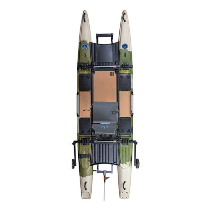 Top-down view of the 360 Pro by Jackson Kayak, a green and tan professional fishing vessel with two hulls, seating, storage compartments, mounted accessories, and an optional motor-powered kayak setup.