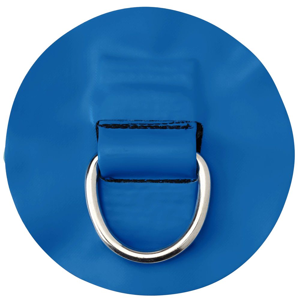The NRS Hypalon D-Ring (2") features a robust silver D-ring attached to a blue circular patch, providing excellent tie-down security. Perfect for rigging and strapping, its durable design combines functionality with style for reliable performance in various settings.