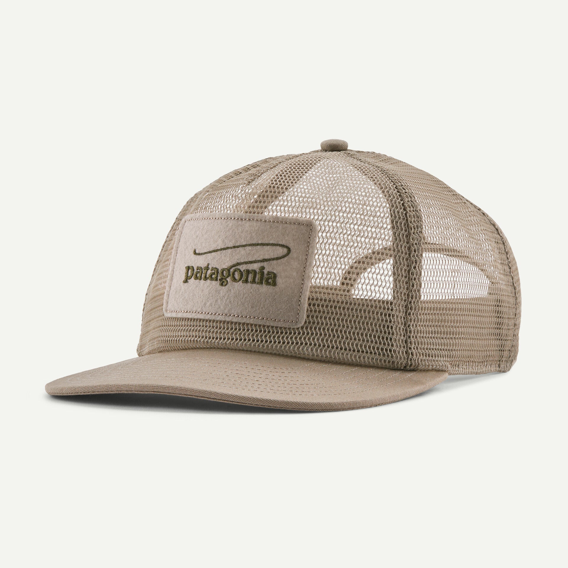 Breezefarer Cap, a beige mesh trucker cap from Patagonia, features a logo patch on the front.