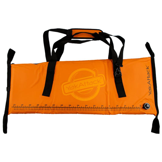 The bright orange YakAttack fish measuring board with black straps and printed ruler pairs perfectly with your YakAttack Insulated Fish Cooler Bag—ideal for anglers and featuring a bold logo design.