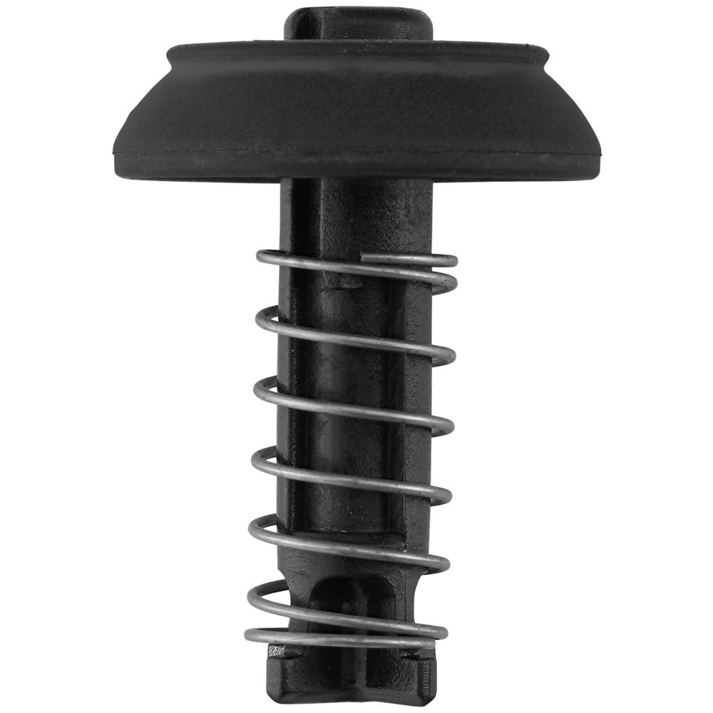 A close-up view of a black rubber push rod plunger pin with a metal coil spring, typically found in the NRS Leafield C7 Repair Kit.