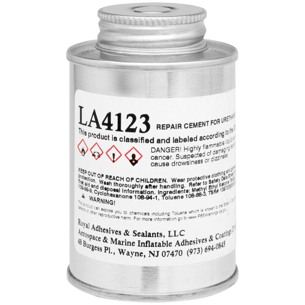 Metal can of Clifton PVC-UR Adhesive from Coyote River Gear, ideal for PVC boat repair, with warning labels and instructions included.