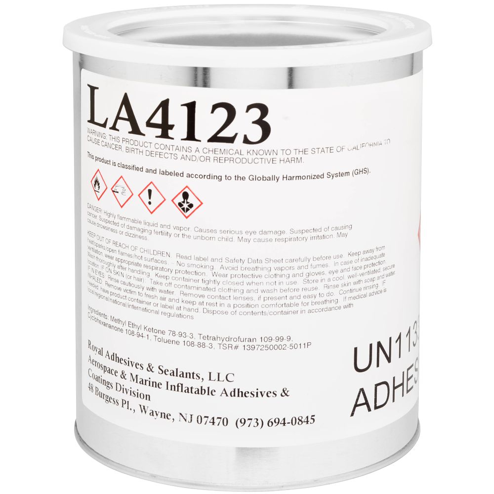 A can of Clifton PVC-UR Adhesive by Coyote River Gear with a white label, hazard symbols, warnings about chemical risks, and contact information for Royal Adhesives & Sealants, LLC. Ideal for PVC boat repair.