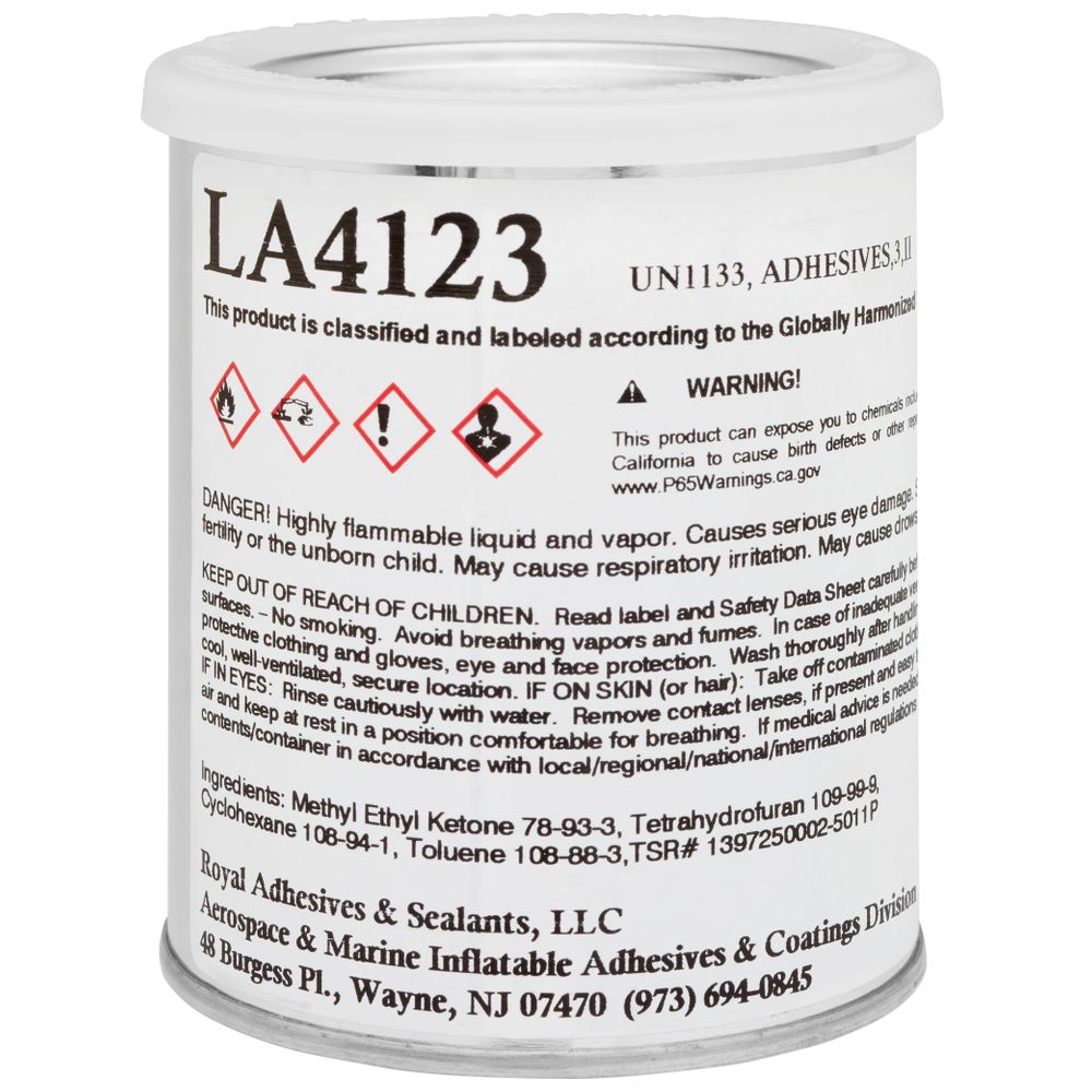 A can labeled "LA4123" of Clifton PVC-UR Adhesive by Coyote River Gear, containing urethane adhesives and sealants, includes safety warnings and contact info for Royal Adhesives & Sealants, LLC in Wayne, NJ.