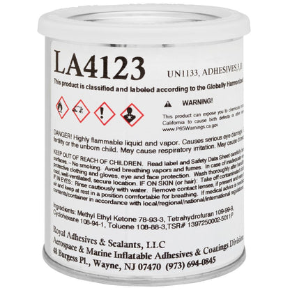 A can labeled "LA4123" of Clifton PVC-UR Adhesive by Coyote River Gear, containing urethane adhesives and sealants, includes safety warnings and contact info for Royal Adhesives & Sealants, LLC in Wayne, NJ.