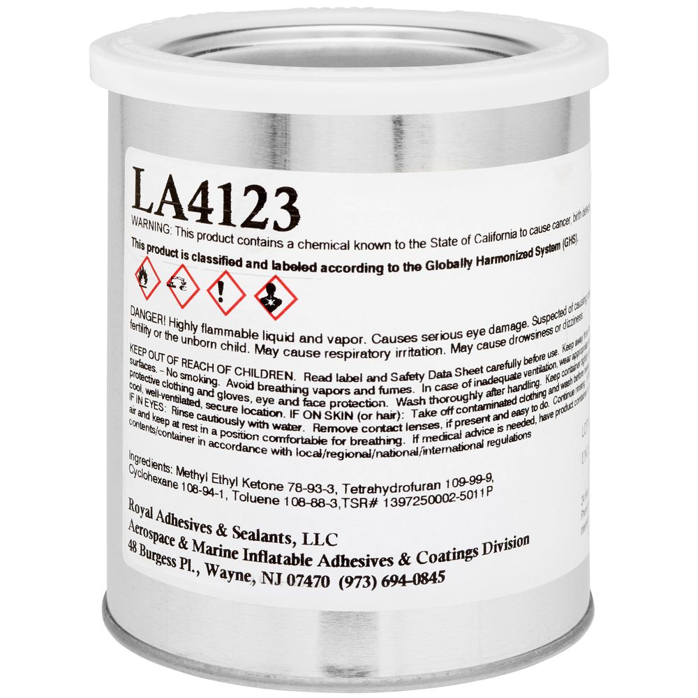 A can of Clifton PVC-UR Adhesive from Coyote River Gear, with safety warnings, manufacturer info, and contact details on the label, ideal for PVC boat repair.