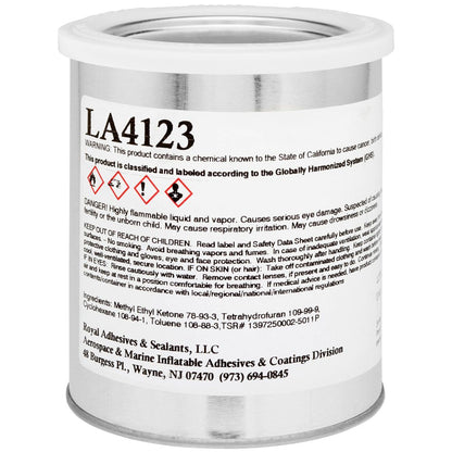 A can of Clifton PVC-UR Adhesive from Coyote River Gear, with safety warnings, manufacturer info, and contact details on the label, ideal for PVC boat repair.