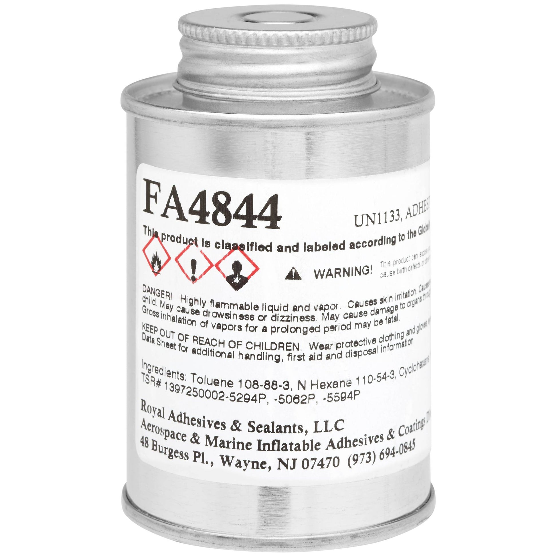 A metal canister labeled Clifton Hypalon Adhesive from Coyote River Gear, containing neoprene adhesive, with warning symbols and safety information printed on a white label.