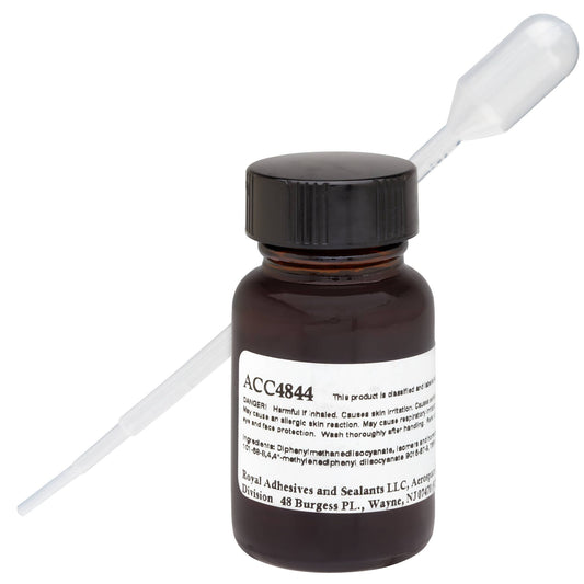 A brown bottle labeled Clifton Accelerator ACC4844 by NRS, with a white label and plastic dropper behind it, designed for use with compatible adhesives.