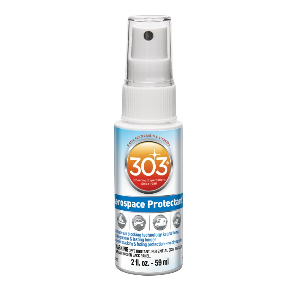 A 2 fl. oz. bottle of 303 Protectant, featuring a spray nozzle and a blue label with orange and white text. This eco-friendly formula offers UV protection to prevent fading and cracking.