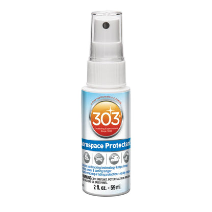A 2 fl. oz. bottle of 303 Protectant, featuring a spray nozzle and a blue label with orange and white text. This eco-friendly formula offers UV protection to prevent fading and cracking.