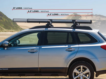 A silver Yakima Slim Shady 6.5 with a roof rack on top.