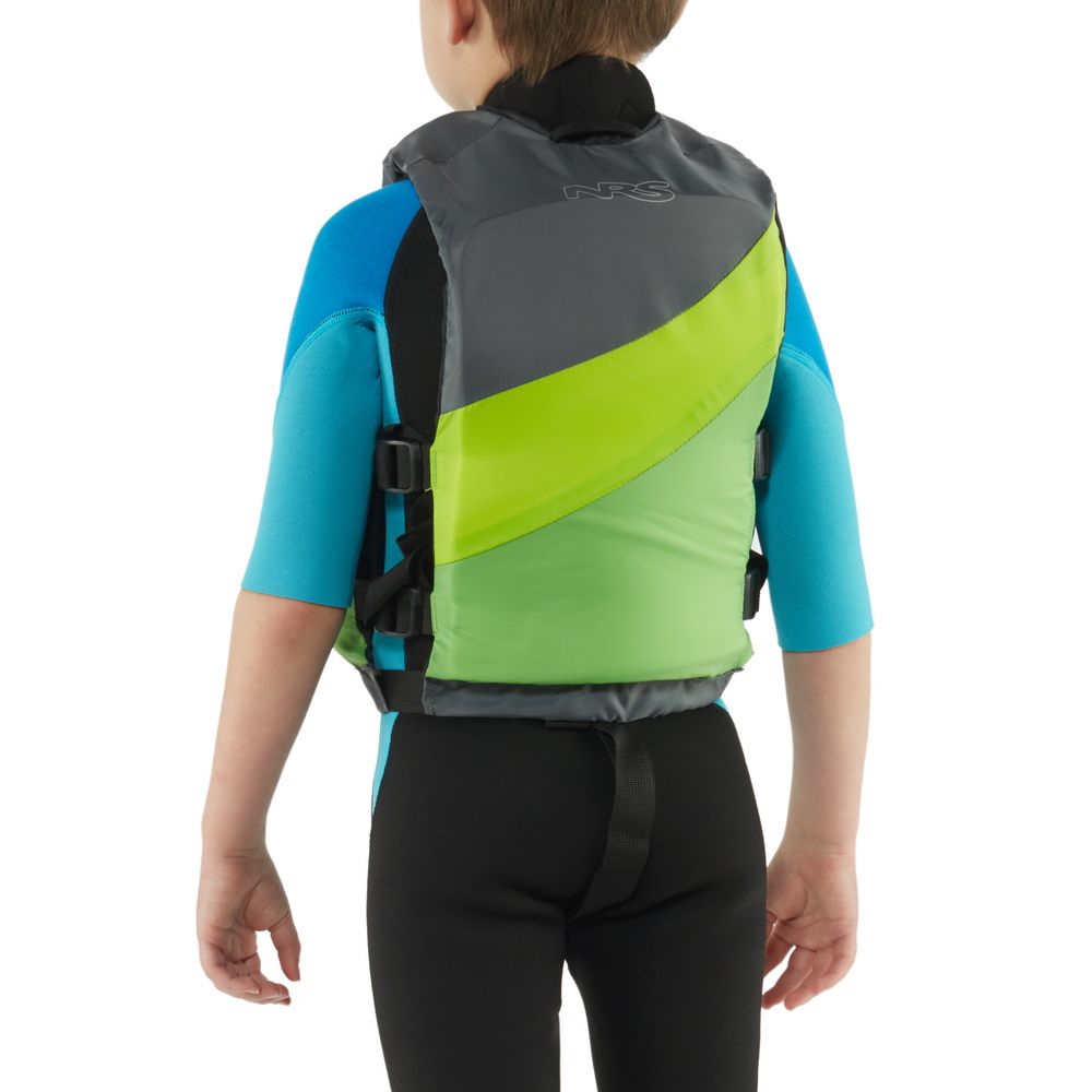 A child in a blue wetsuit and an NRS Crew Child PFD, certified by the US Coast Guard, stands with their back to the viewer.