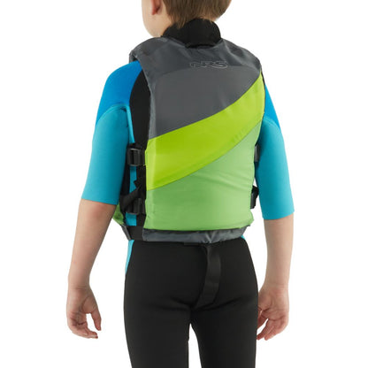 A child in a blue wetsuit and an NRS Crew Child PFD, certified by the US Coast Guard, stands with their back to the viewer.