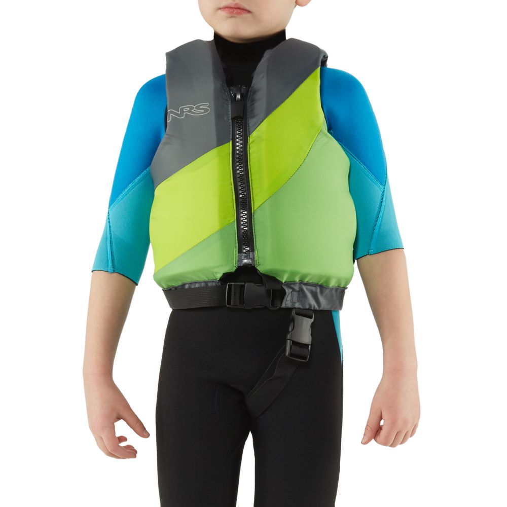 A young child in a blue and green wetsuit, paired with the NRS Crew Child PFD, stands confidently against a white background.