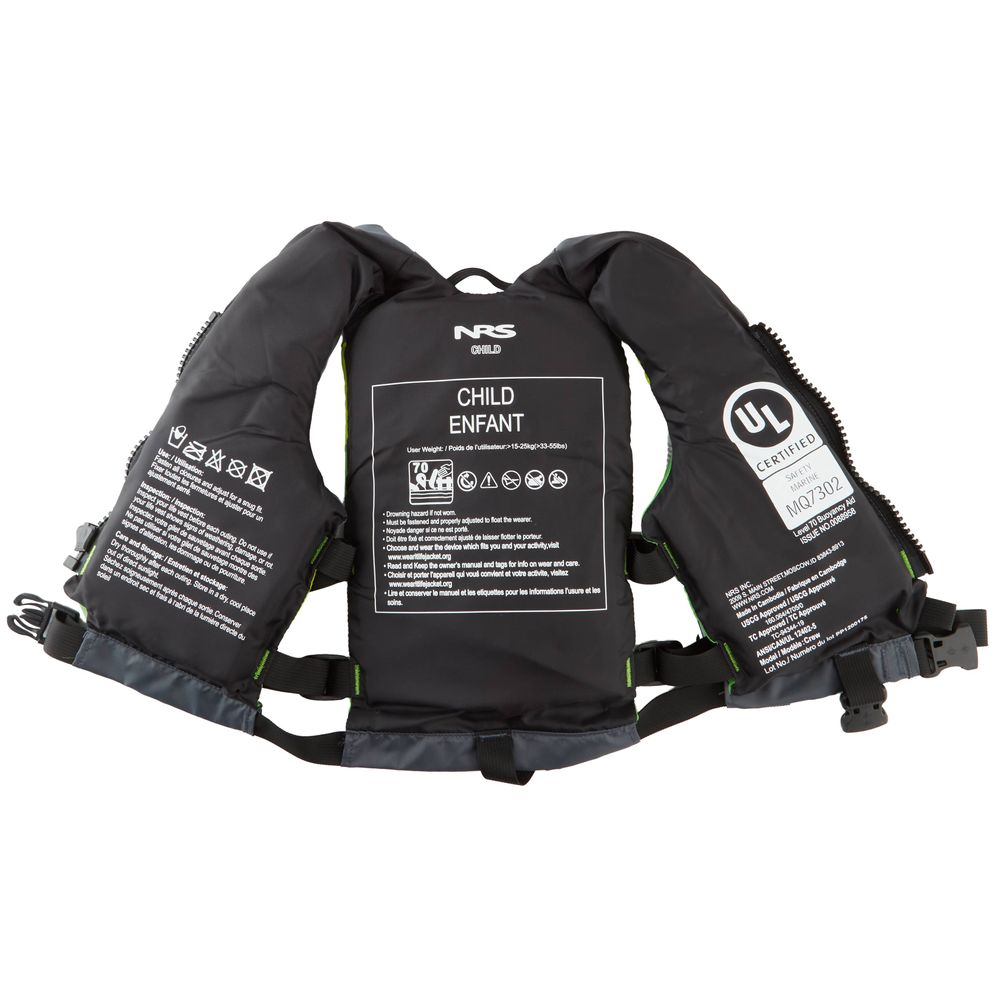 NRS Crew Child PFD in black, featuring US Coast Guard Certification and safety instructions printed on the back.
