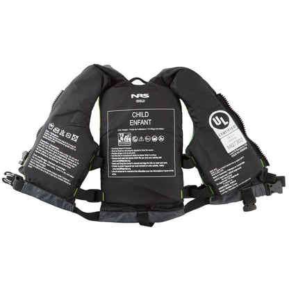 NRS Crew Child PFD in black, featuring US Coast Guard Certification and safety instructions printed on the back.