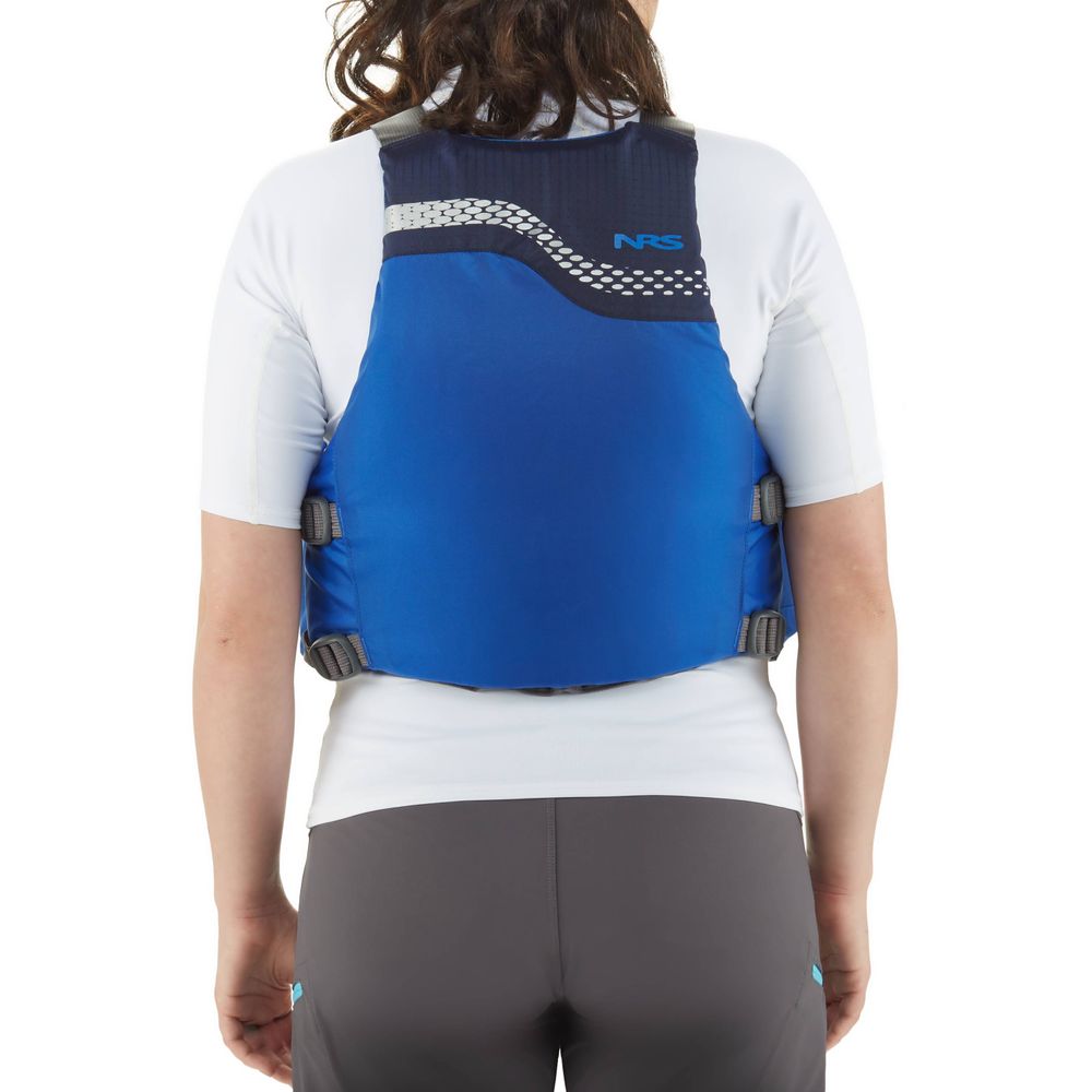 The individual is seen from behind, wearing an NRS Vista PFD over a white shirt.