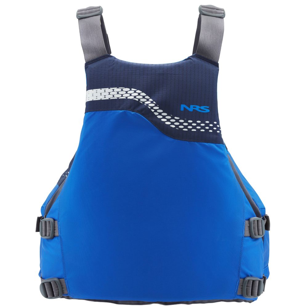 The NRS Vista PFD features adjustable gray straps and a white dotted pattern in blue and black, complete with US Coast Guard Certification for assured safety.