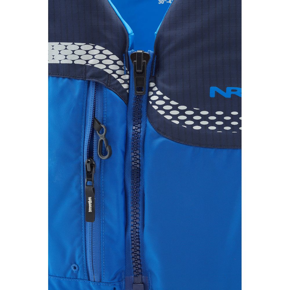 Close-up of the NRS Vista PFD, a blue jacket with a front zipper, black accents, and a small zippered pocket on the left side, reminiscent of US Coast Guard Certified life jackets.