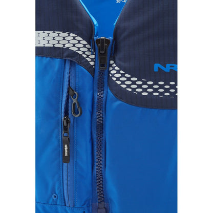 Close-up of the NRS Vista PFD, a blue jacket with a front zipper, black accents, and a small zippered pocket on the left side, reminiscent of US Coast Guard Certified life jackets.