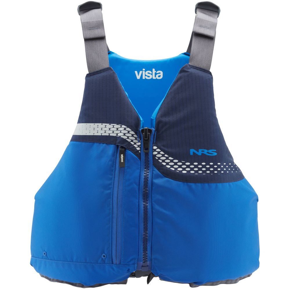 The Vista PFD by NRS is a blue and black life vest with adjustable shoulder straps and a front zipper closure. It features "vista" and "NRS," providing safety, comfort, and peace of mind with US Coast Guard Certification.