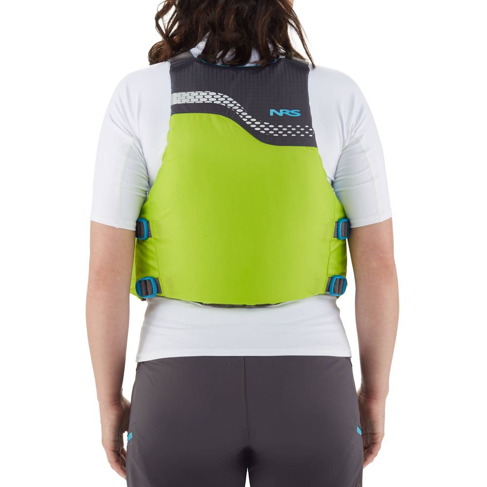 A person is seen from the back wearing a lime green and gray NRS Vista PFD over a white shirt and gray pants, highlighting its US Coast Guard Certification.