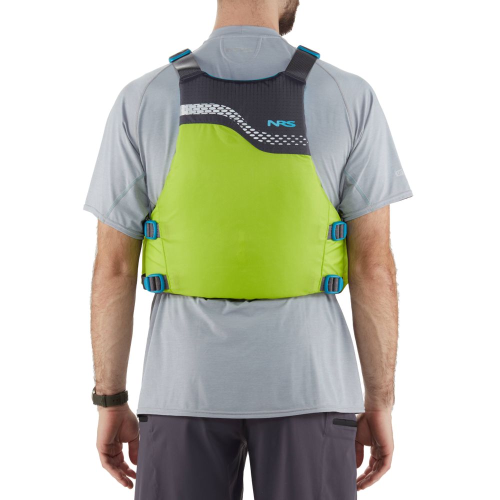 A person is seen from the back, wearing a bright green NRS Vista PFD over a gray shirt.