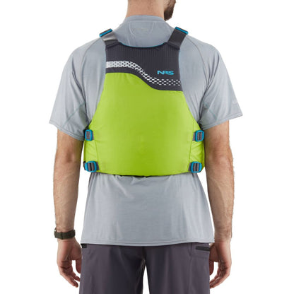 A person is seen from the back, wearing a bright green NRS Vista PFD over a gray shirt.