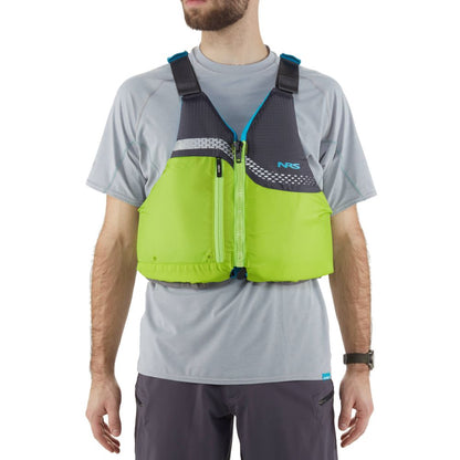 An individual dons an NRS Vista PFD life jacket, US Coast Guard-certified, over a light gray shirt and dark gray pants against a white backdrop.