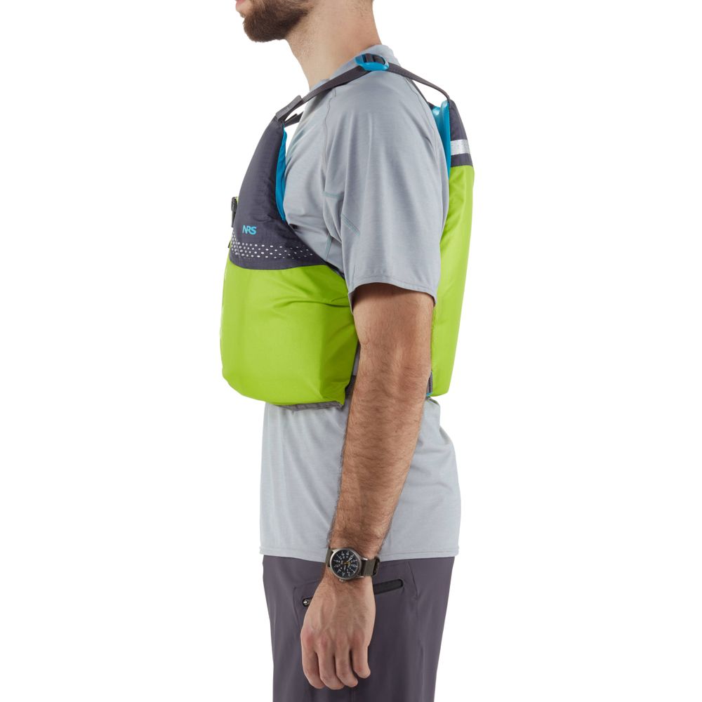 Side view of a person wearing the green and black NRS Vista PFD, US Coast Guard certified, over a light gray shirt and dark gray pants.